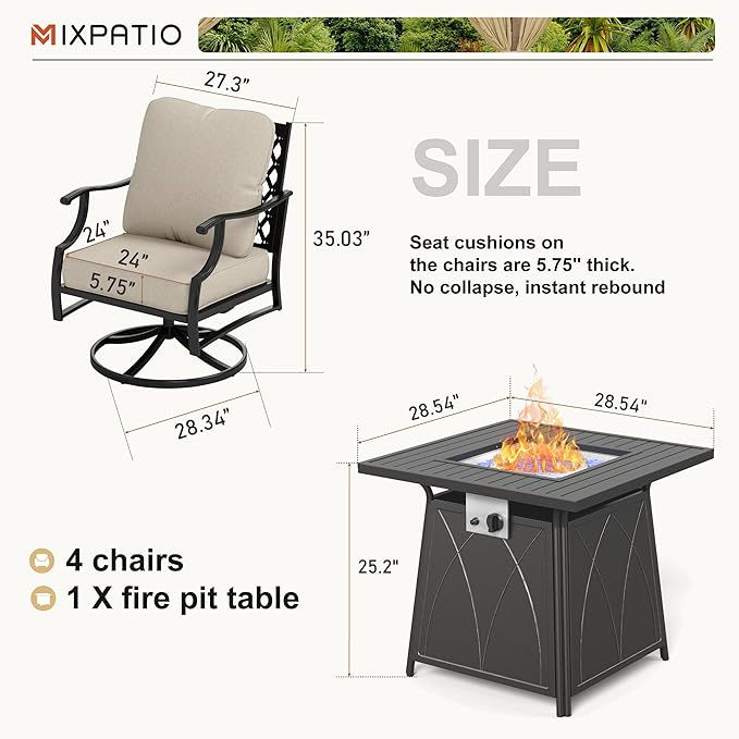 Patio Furniture Set with Fire Pit Table, 5 Pcs Metal Outdoor Conversation Set, 4 Swivel Chairs with 5.75" Extra Thick Cushion and 28" Fire Pit Table for Backyard Deck, Beige