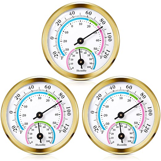 Weewooday 3 Pcs Indoor Outdoor Thermometer 2 in 1 Mini Home Temperature Humidity Hygrometer Monitor Gauge for Home Offices Wall(Gold)