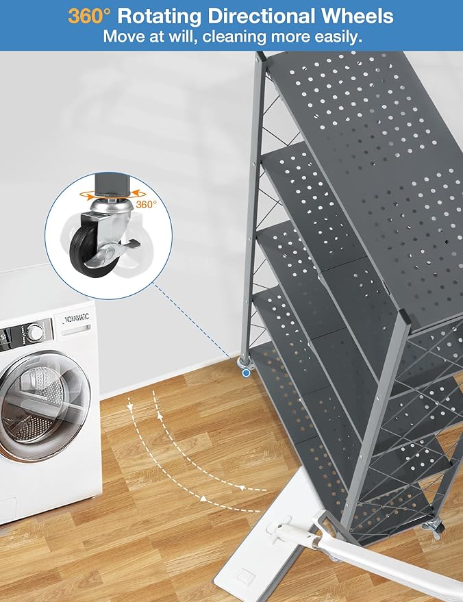 ALANNG 70.7" H Metal Storage Shelves, 5 Tier Folding Shelf on Wheels, Heavy Duty, No Assembly, Rolling, Collapsible Rack Unit for Kitchen, Basement, Pantry (Gray,4 Pack)