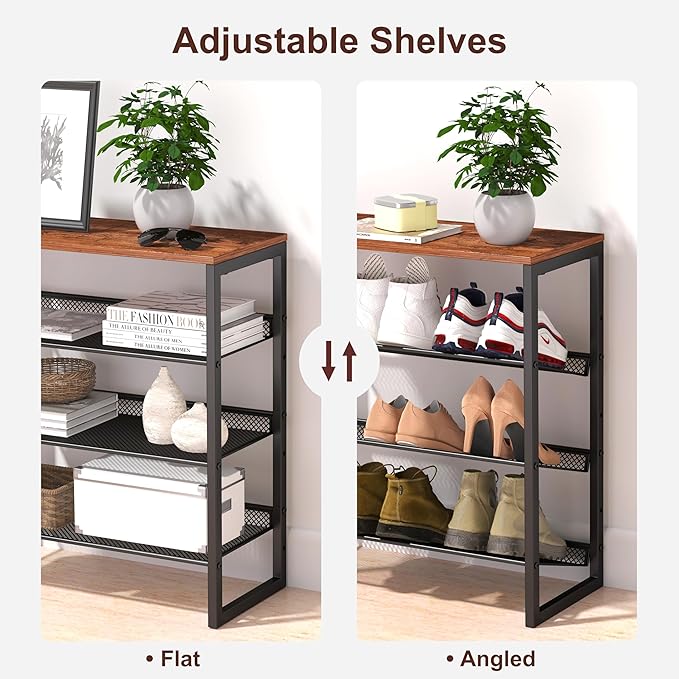 Industrial Shoe Rack - Sturdy Steel Entryway Shoe Organizer with Spacious Top - Strong Mesh Shoe Storage Shelves - Adjustable Shoe Stand for Closet Organization (4-Tier)