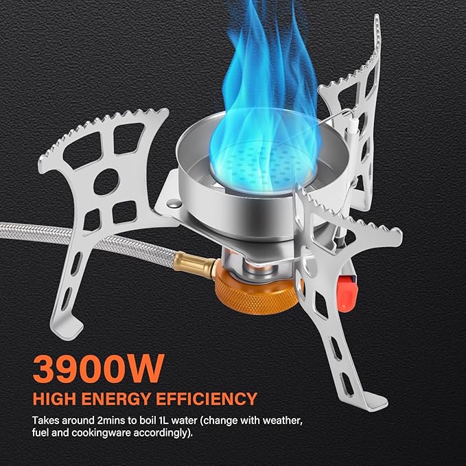 WADEO 3900W Windproof Camping Stove, Camping Gas Stove with Piezo Ignition, Backpacking Stove Portable Camping Stove with Two Fuel Canister Adapter for Outdoor Backpacking Hiking and Picnic