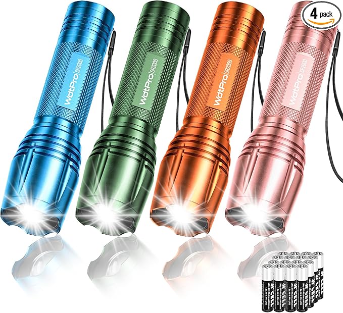 WdtPro LED Flashlight High Lumens SR2000 Pro, 4 Pack Brighter Tactical Flashlights with 5 Modes & Zoomable, Powerful Mini Flash Light for Emergency, Camping, Hiking (Colorful)