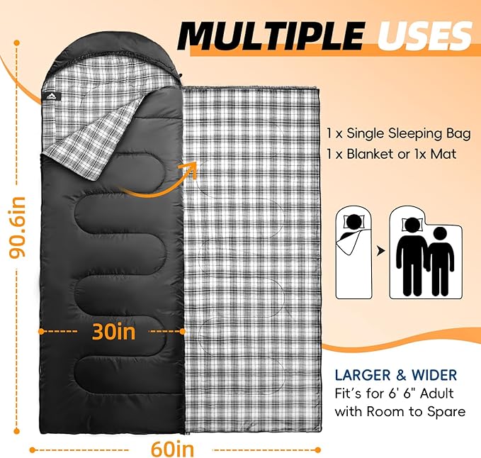 MEREZA Flannel Sleeping Bag for Adults XL, Large Wide Sleeping Bags for Camping Mens Warm Cotton Sleeping Bag 4 Season Warm & Cool Weather