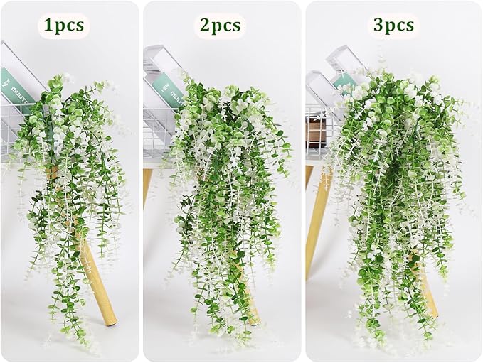 Fake Monkey Plants Hanging Eucalyptus Vines Fake Vines Faux Hanging Plants for Outdoor Garden Yard Backdrop Decor Indoor Room Table Wall Home Hanging Decoration(White)