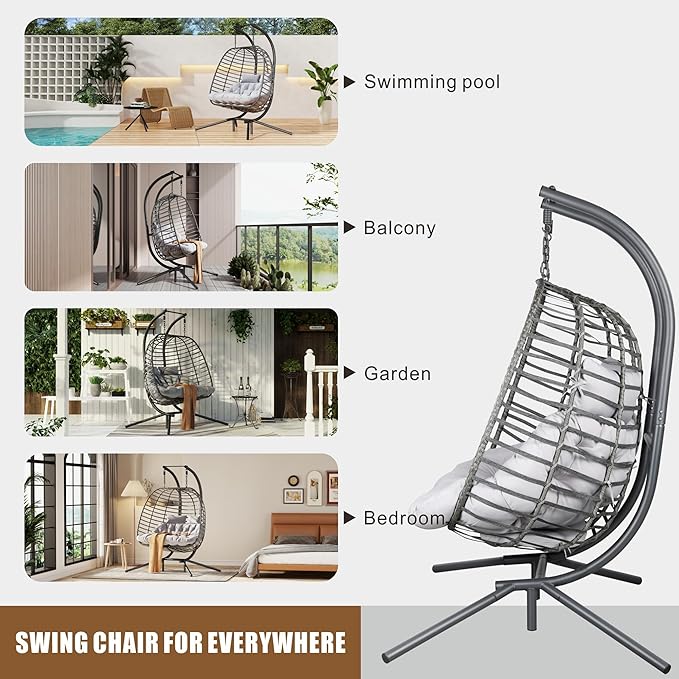 Double Hanging Egg Chair wth Stand, Patio Hammock Swing Chair with Cushion Loveseat for Bedroom, Balcony, Garden, Indoor, Outdoor