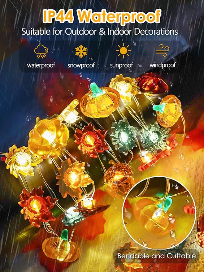 Fall Decorations 3D Pumpkin Acorn Maple Leaf Fairy Lights Battery Operated with Remote, 10FT 30 LED String Lights Outdoor & Indoor, Waterproof 8 Modes for Garland Harvest Thanksgiving Halloween Decor
