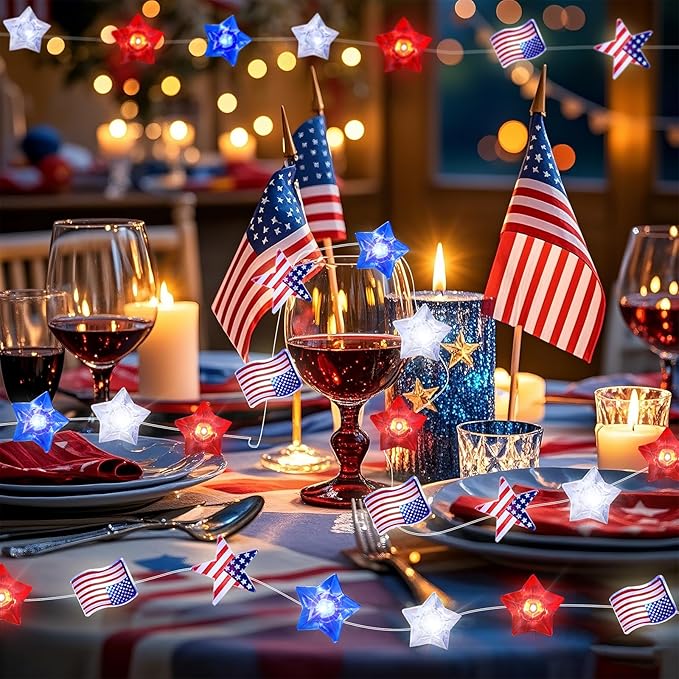 4th of July Decorations String Lights with Remote 2Pack, 16FT Red White Blue Patriotic Lights with 50LED Flag Stars, USB & Battery Powered Fairy Light for Patriotic Memorial Day Independence Day Decor