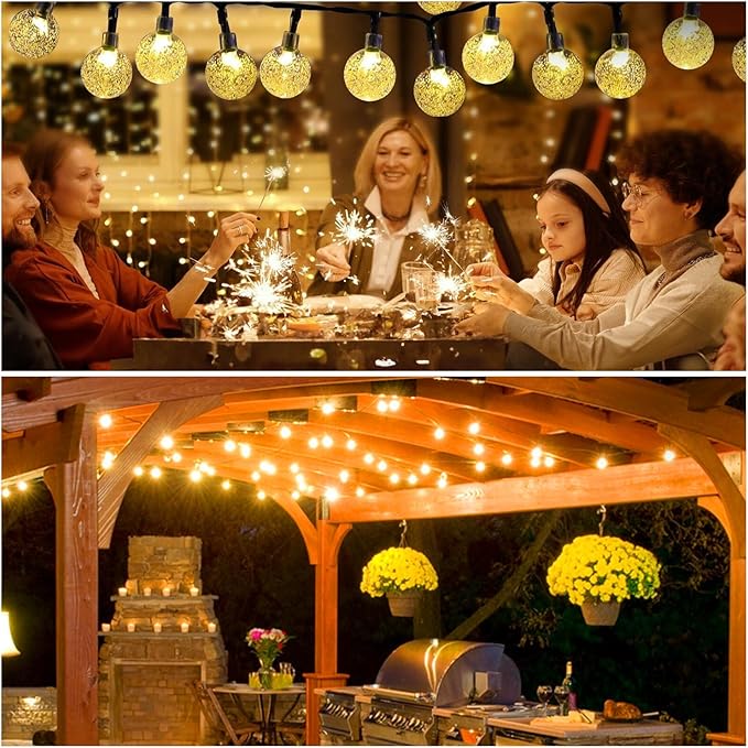 Solar Lights Outdoor Waterproof, 2 Pack Total 200LED 110FT Solar String Lights for Outside with 8 Modes, Outdoor String Lights Crystal Globe Patio Lights for Garden Yard Party Decor(Warm White)