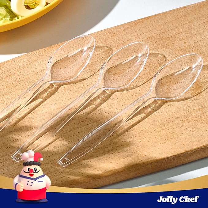 JOLLY CHEF 300 Count Clear Plastic Teaspoons Heavy Duty, 6.54" Heat Resistant Solid and Durable Plastic Teaspoons Disposable, Disposable Bulk Cutlery Perfect for Parties Supply Events Everyday Use