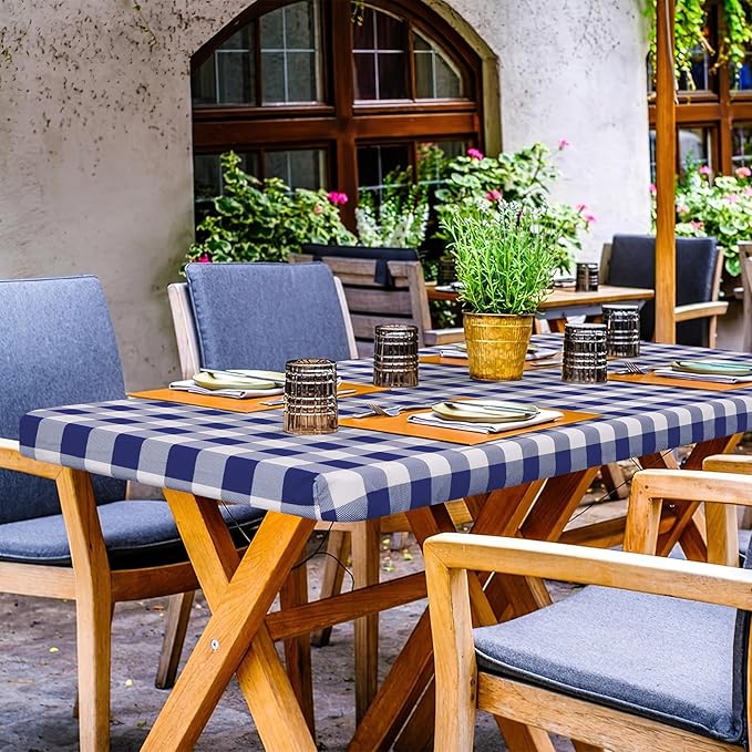 misaya Buffalo Rectangle Picnic Tablecloth, 8 Foot Elastic Fitted Vinyl Table Cloth with Flannel Backing, Waterproof Plaid Table Covers for Dining, Camping, Outdoor (Navy and White, 30" x 96")