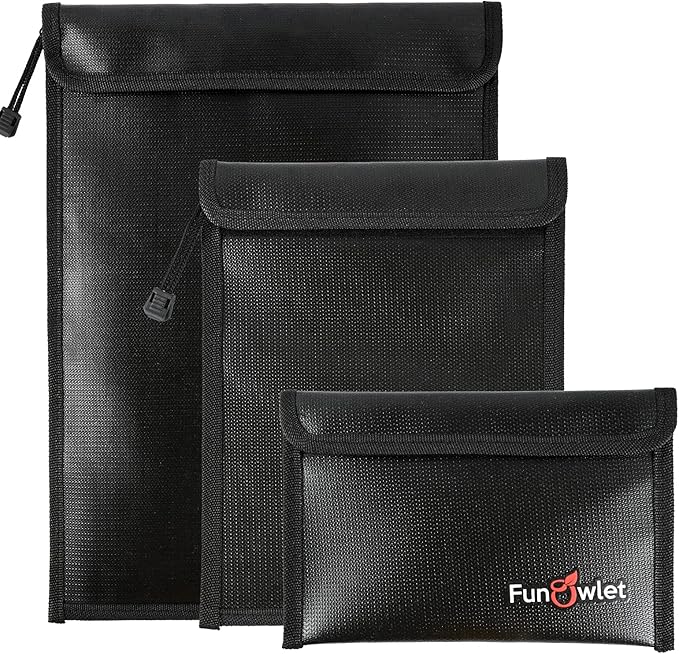 FunOwlet Fireproof Waterproof Document Bag, Fire and Water Resistant Safe Zipper Storage Organizer Pouch for A4/A5 Documents Holder, File, Cash, Jewelry, Passport, Tablet, Laptop, 3 Pack (Black)