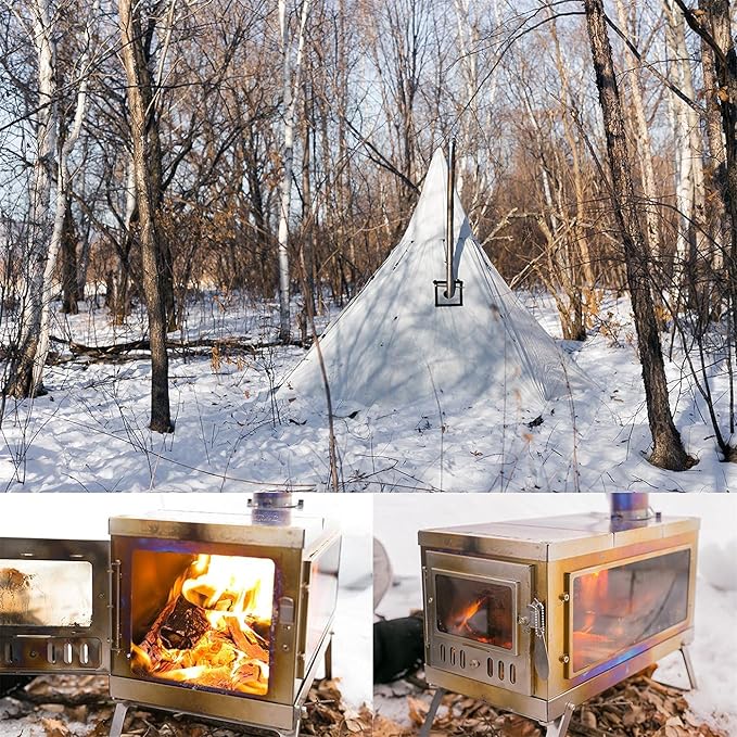 POMOLY Camping Wood Stove Hot Tent Stove, Timber Portable Lightweight Titanium Stove for Hiking, Cooking, Heating (Stove Pipe 9.84ft / 3m)