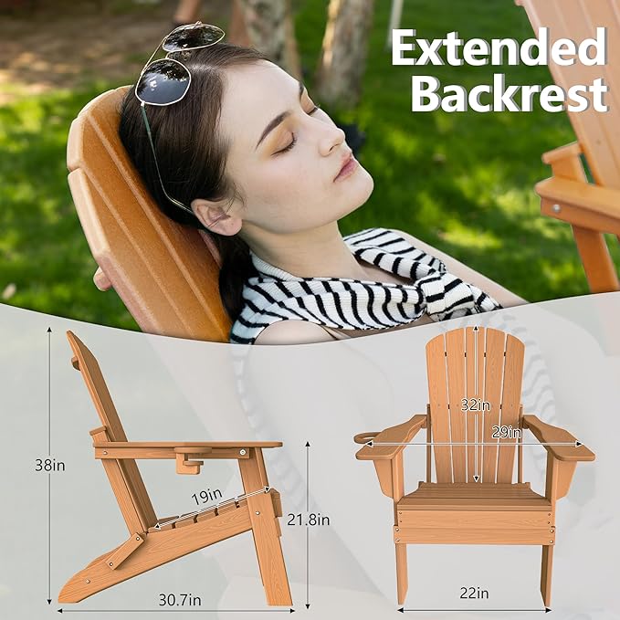 Folding Adirondack Chair, SGS Tested, Wooden Textured with Cup Holder, Heavy All-Weather HDPE Comfortable Set Poolside Backyard Lawn Teak