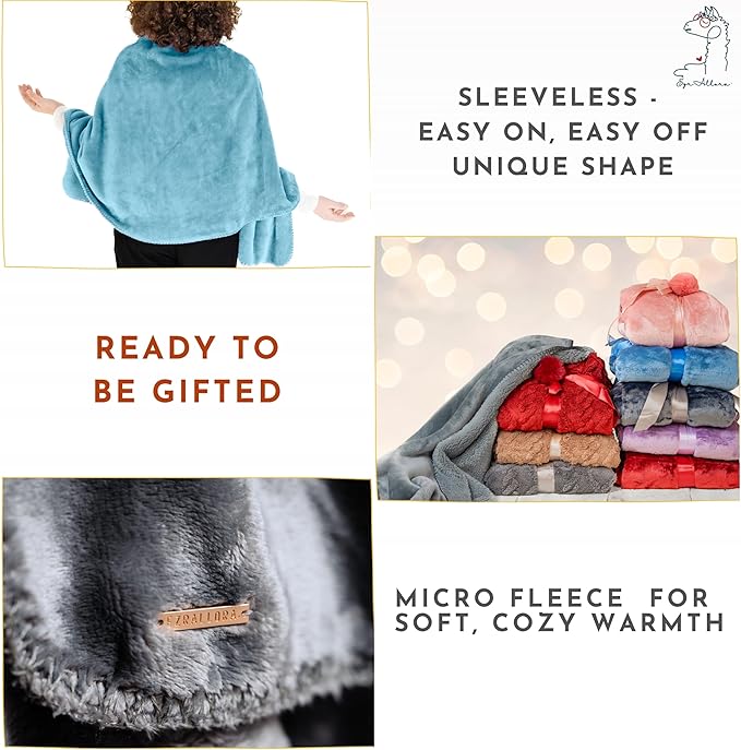 Fleece Poncho Blanket -No Sleeves- Lightweight Warm Wrap Shawl - Wearable Blanket - Lap Blanket - Gift for Grandma (100% Fleece, Royal Sky)