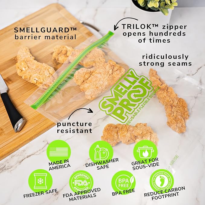 Smelly Proof Reusable Storage Bags for Food Bags - MADE IN USA, Easy Clean, Dishwasher-Safe, BPA FREE, NO PEVA, XL 3-mil Thick Bags, Extra Large Clear FLAT 10.5" x 12" GALLON 10-Pack