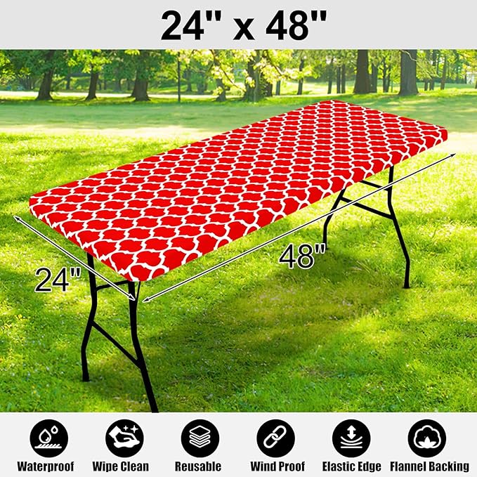 Smiry Rectangle Picnic Table Cover, Waterproof Elastic Fitted Camping Tablecloths for 4 Foot Tables, Wipeable Flannel Backed Vinyl Tablecloth Protector for Indoor, Outdoor (Red, 24x48 Inches)