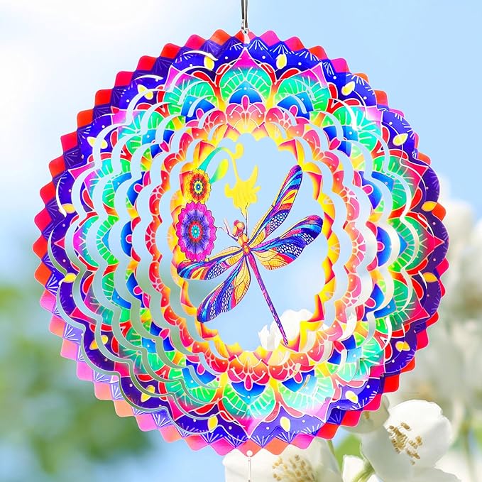 Dragonfly Mandala Wind Spinners Garden Yard Decor Gift for Women Men, 12 Inch Outdoor Metal 3D Wind Spinner, Stainless Steel Hanging Wind Catchers Kinetic Sculpture for Outside Decoration