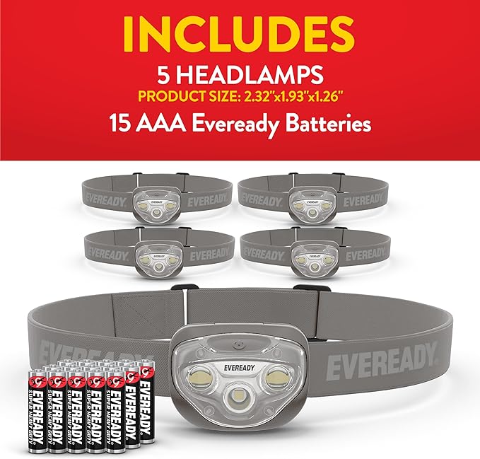 EVEREADY LED Headlamps Pro200 [5-Pack], IPX4 Water Resistant, Bright and Durable Head Lights for Camping, Hiking, Emergency Power Outage (Batteries Included)