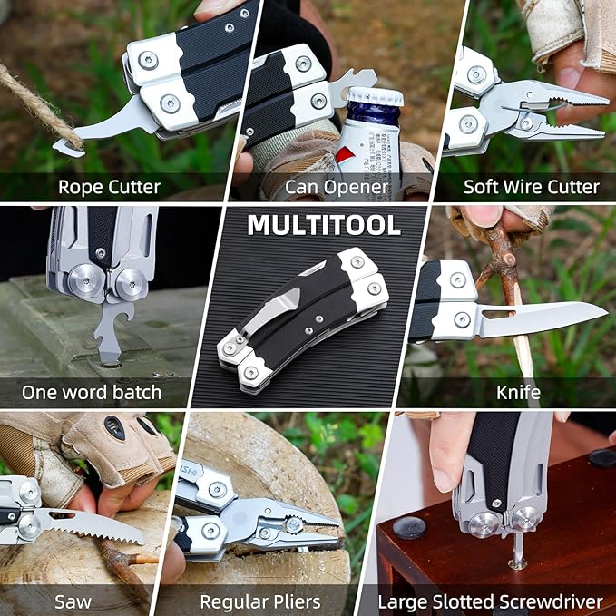 HANSHI G10 Handle Multitool Pliers with YG10 Tungsten Steel Replaceable Wire Cutters 12 in 1 Multi Tool Pocket Knife with Safety Lock,Saw,Bottel Opener for Camping,Survival with Nylon Sheath (black)