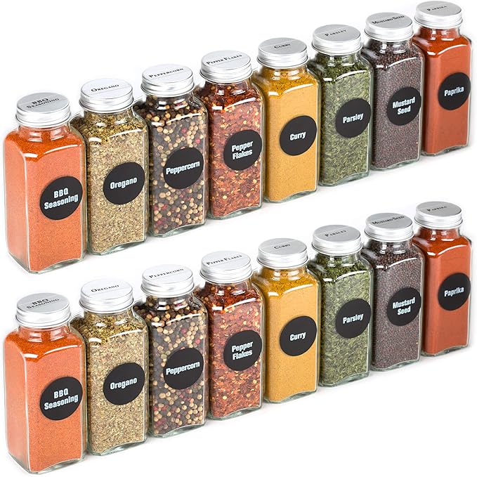 8 Extra Large, 8oz, BEST VALUE, Glass Spice Jars with 113 PVC Clear, plus 126 pre-printed Spice Chalkboard Labels. 8 Square Empty Jars, Airtight Cap, Pour/Sift Shakers