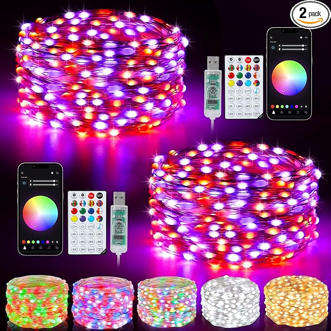 Smart Fairy Lights 2 Pack 66Ft 200 LED Twinkle String Lights with Remote & APP Control, Color Changing USB Christmas Tree Lights Music & Mic Sync for Halloween Holiday Party Decor