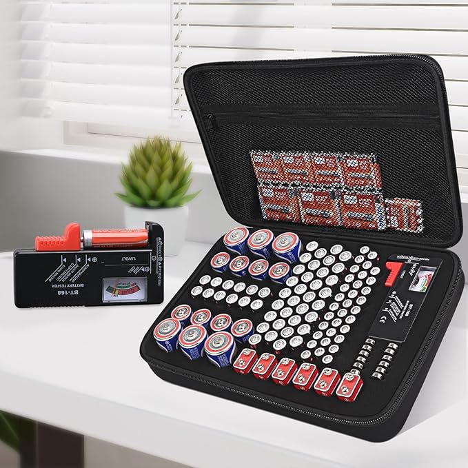 Battery Organizer Storage Case with Tester for AA AAA C D 9V Battery Holder 7 Batteries Variety Pack 111 Batteries Mesh Bag (Batteries Not Included) (black)