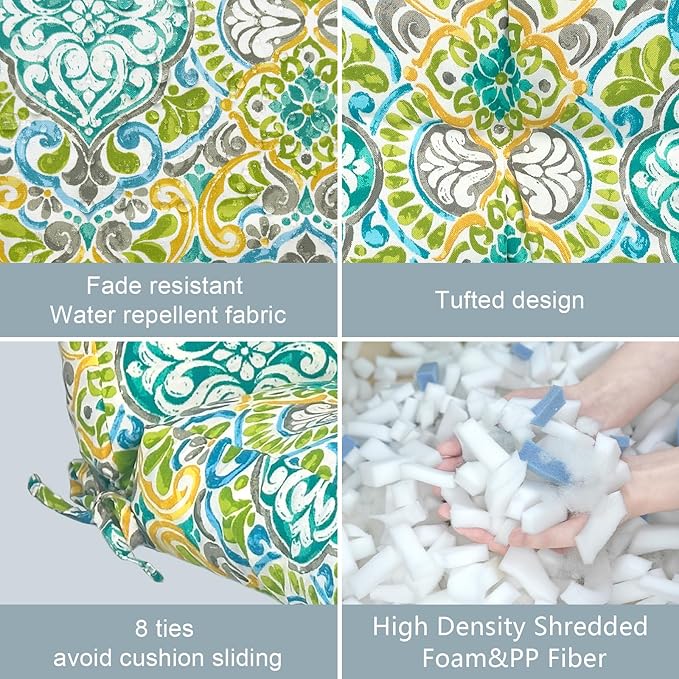 LVTXIII Outdoor Tufted Low Back Cushions, Solid Fluffy Seat and Back Chair Cushion with Ties, Patio Replacement Rocking Chair Cushion for Outdoor Furniture Use, 21 W x 21D, 2 Pack, Damask Green
