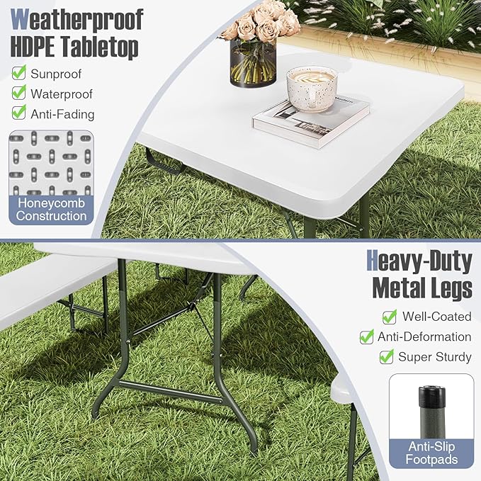 Goplus 6ft Plastic Folding Table, 350 LBS Outdoor Heavy Duty Folding Tables with HDPE Tabletop, Handle, Lock, Foldable Rectangle Portable Utility Card Table for Picnic, Party, Camping, Dining