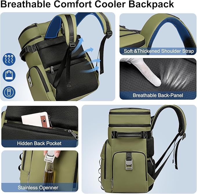 Weitars Insulated Cooler Backpack,Double Deck Waterproof Soft Cooler Bag,Backpack Coolers Leak Proof Lunch Backpack for Men Women for Travel,Camping,Picnic,Beach,Picnic,Outdoor 31L/52 Can