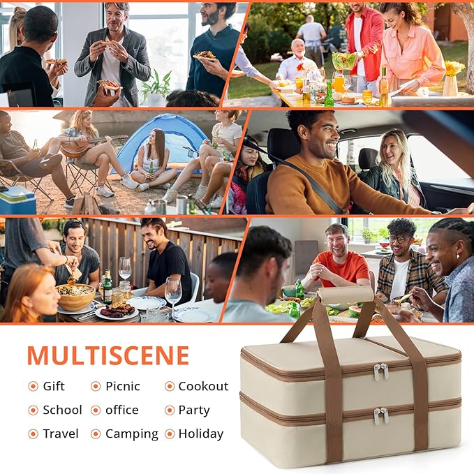 Double Insulated Casserole Carrier for Hot or Cold Food,Pie Carrier Bag Lunch Tote for Potluck Parties/Picnic/Cookouts, Fits 9"x13" Baking Dish, Beige