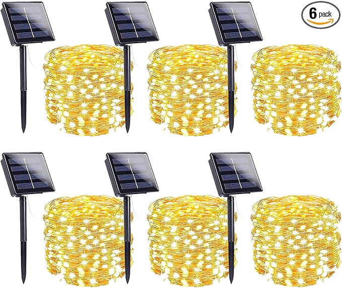 6-Pack Solar String Lights Outdoor, Extra-Long 600LED Fairy Lights Waterproof, Solar Twinkle Lights Copper Wire 8 Modes Fairy Twinkle Light for Xmas Tree Garden Party Wedding (Warm White)