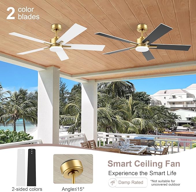 52” Smart Ceiling Fan with LED Lights Remote,Quiet DC Motor,Voice Control via Alexa Google WIFI Phone,Outdoor Indoor Modern Ceiling Fans,Dimmable,for Bedroom Patio Porch,Gold and White Black