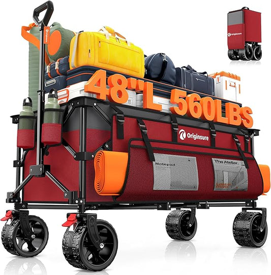 48" L Collapsible Wagon Cart Foldable, 560LB Weight Capacity 300L Heavy Duty Folding Beach Wagons with Big All-Terrain Wheels, Utility Carts for Groceries, Shopping, Camping, Sports - Grey&Red