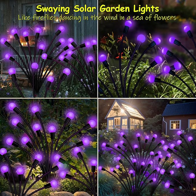 Kohlrabi Solar Garden Lights Outdoor, 6 Pack 60 LED Solar Purple Firefly Lights Waterproof, Sway by Wind, Swaying Light for Yard Patio Backyard Garden Planter Flower Bed Pathway Decoration