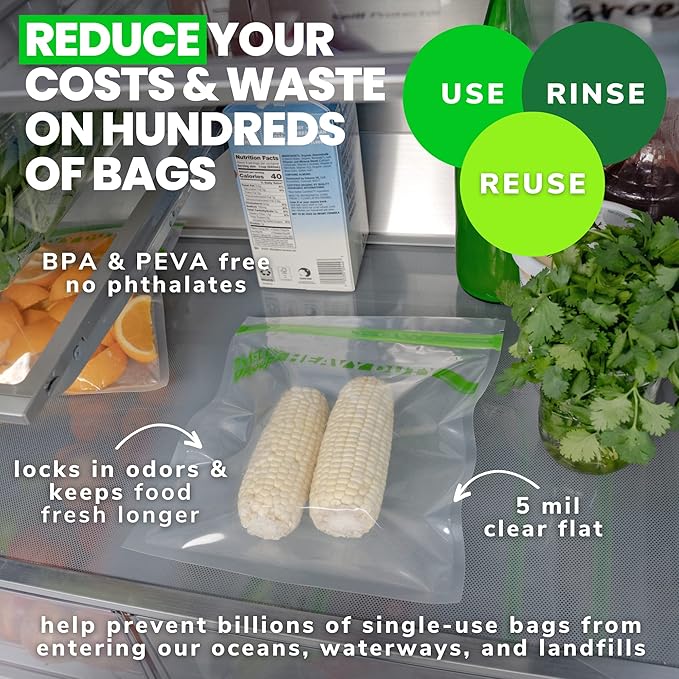 REUSABLE STORAGE BAGS by Smelly Proof, Large HEAVY DUTY 5-mils US-Made BPA FREE, NO PEVA, Dishwasher-Safe Reusable Freezer Bags CLEAR FLAT Quart 10" x 8.5" 5pk
