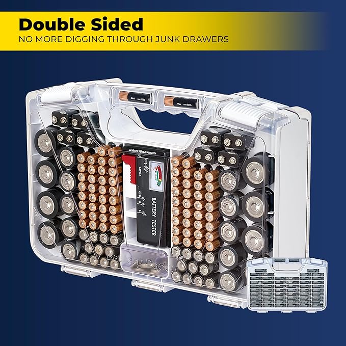 Ontel Battery Daddy Storage & Organizer Case with Tester, Stores & Protects Up to 180 Batteries, Double-Sided, Durable Design with Clear Locking Lid, Secure Latches & Portable Carrying Handle - White