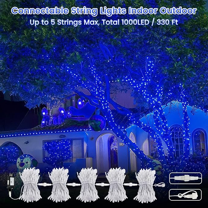 Upgraded Connectable 200 LED String Lights Indoor Outdoor, 66FT Blue Halloween Lights Waterproof, 13 Modes Twinkle Fairy Lights Plug in Clear Wire for Christmas Tree, Bedroom, Classroom, Wedding Decor