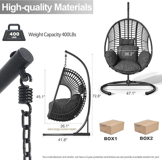 Hanging Egg Chair with Stand - Egg Swing Chair Outdoor Indoor Patio Wicker Chair Swing Hammock Egg Chairs 400lbs Capacity for Outside Patio, Bedroom, Garden and Balcony（Black, 1PC）