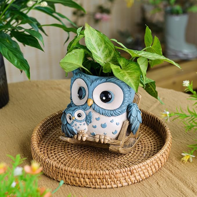 Unique Owl Plant Pots Indoor, Cute Small Succulent Pots with Drainage Hole, Rocking Chair Planters for Outdoor Indoor Plants, Resin Flower Pot for String of Pearls, Gift Ideas for Mother