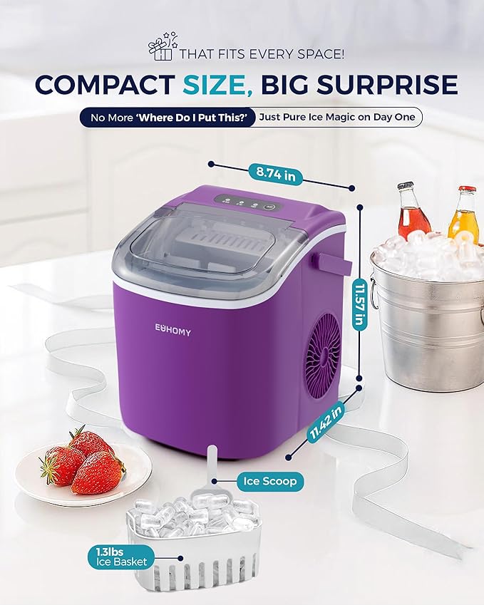 EUHOMY Countertop Ice Maker Machine with Handle, 26lbs Per Day, 9 Ice Cubes Ready in 6 Mins, Auto-Cleaning Portable Ice Maker with Basket and Scoop, for Home/Kitchen/Camping/RV (Purple)
