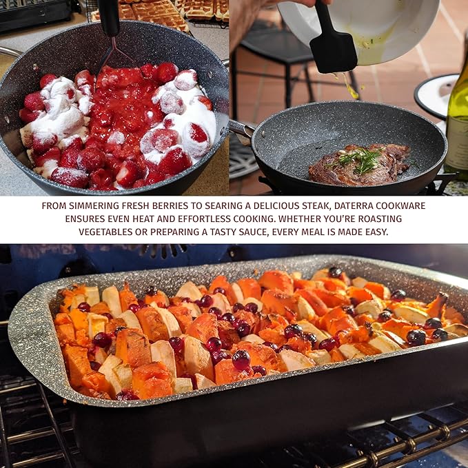 DaTerra Cucina Bundle - Nonstick Ceramic Cookware Set - 16.1" Roasting Pan, 11" Frying Pan with Lid, 8Qt Dutch Oven, Heat Resistant, Ceramic Cookware - Perfect for Everyday Cooking, Volcanic Black