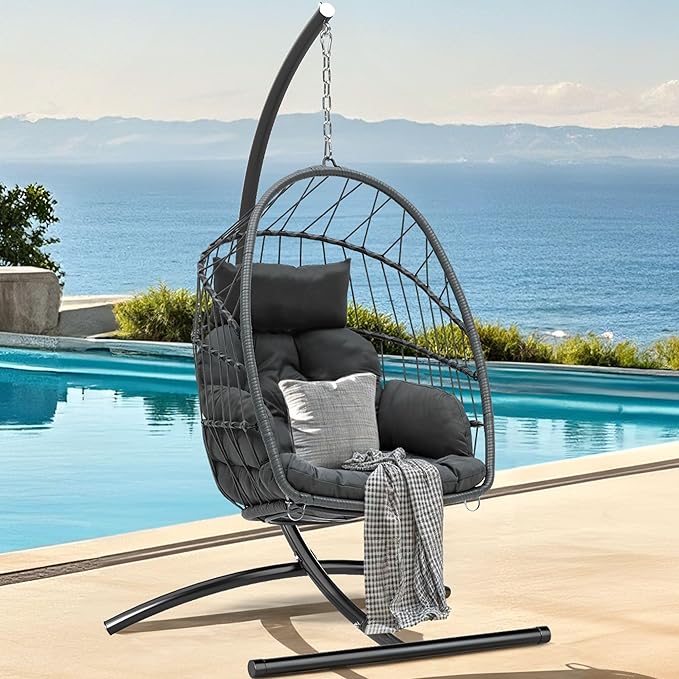 DWVO Egg Chair with Stand, Hanging Outdoor Rattan Wicker Patio Hammock Indoor Egg Chair with Cushion, Hanging Swing Chair 300lbs for Porch, Garden, Bedroom, Balcony, Gray
