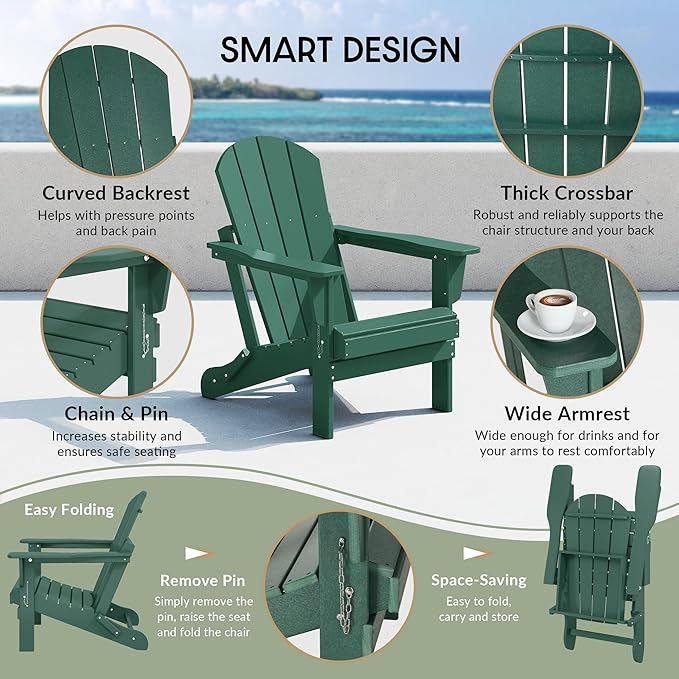 WestinTrends Malibu 4-Piece Set Outdoor Folding Poly Adirondack Chair, Dark Green