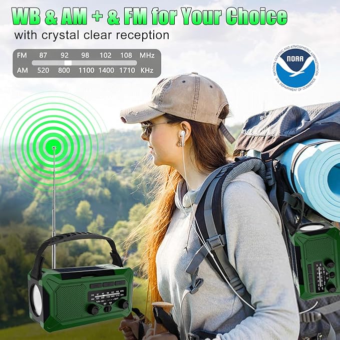 10000mAh Emergency Hand Crank Radio with LED Flashlight, AM/FM NOAA Portable Weather Alert Radio, Solar Powered Radio with Phone Charger, USB Charged, Headphone Jack, SOS Alarm, Compass for Outdoors