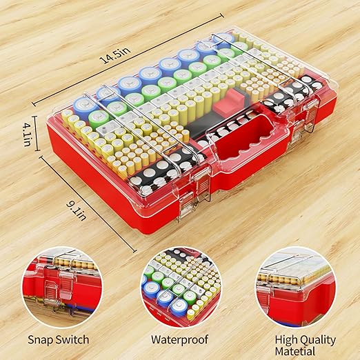 Battery Organizer Storage Holder Box Case with Tester, Ultra-Large 280+ Batteries Double-Sided Variety Pack,Holds AA AAA 4A C D Cell 9V 3V Lithium18650 LR44 CR2 CR123 CR1632 - Red