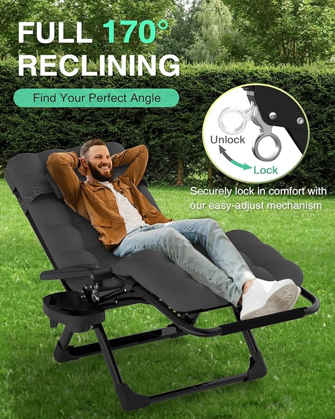 ZENPETIO Zero Gravity Lounge Chair, Foldable Outdoor Recliner with Detachable Cushion, Portable Anti Gravity Lounger for Camping, Patio, Poolside, Lawn - Ash Grey
