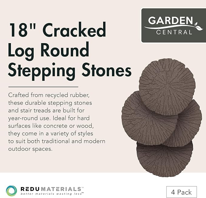 Garden Central 4-Pack 18”x18” Fake Cracked Log Rubber Stepping Stones, Round, Brown – Reversible Non-Slip Outdoor Faux Decorative Set for Landscaping – DIY Decor for Walkways & Yard Pathways