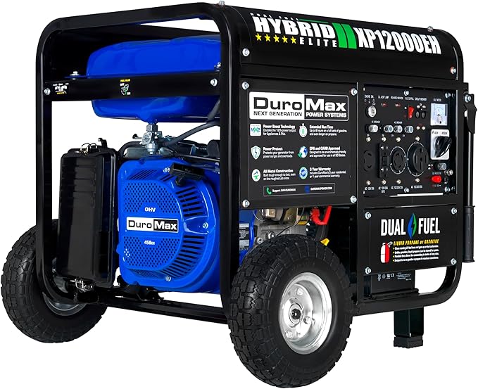 DuroMax XP12000EH 12,000-Watt Dual Fuel Portable Generator – Gas & Propane, Electric Start, Whole Home Backup Power, Transfer Switch Ready, RV & Emergency Ready