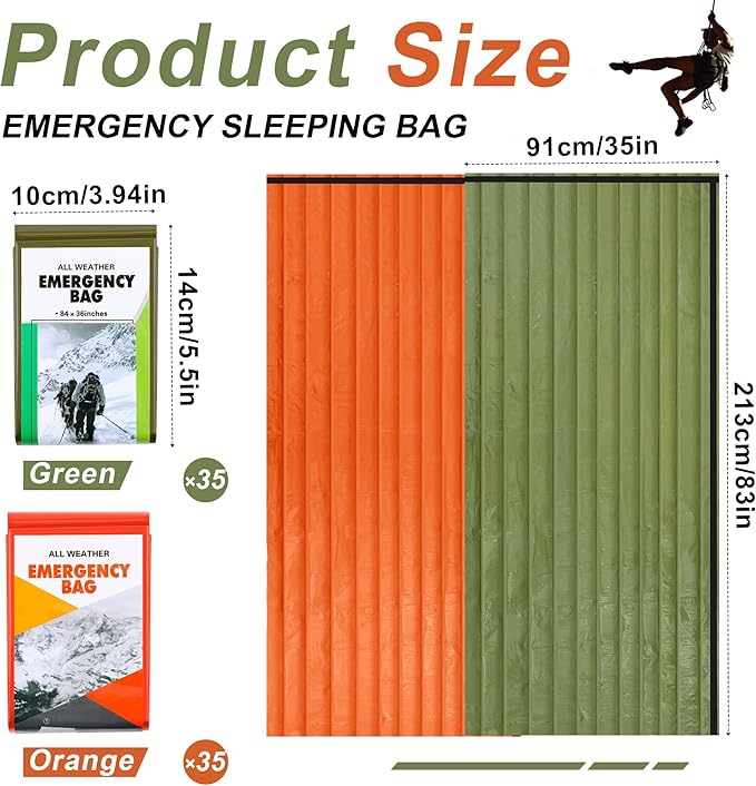 Preboun 70 Pcs Emergency Sleeping Bag Portable Lightweight Survival Bag Thermal Bivy Sack Waterproof Emergency Blanket Survival Gear for Outdoor Camping Hiking Homeless People Shelter (Orange,Green)
