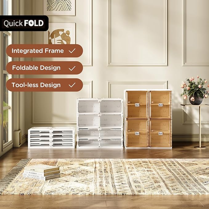 ANTBOX Shoe Organizer Storage Box, Portable Folding Shoe Rack For Closet With Magnetic Clear Door,Large Sneaker Cabinet Bins All-in-one Sturdy Easy Assembly 4 Layers-8 Grids